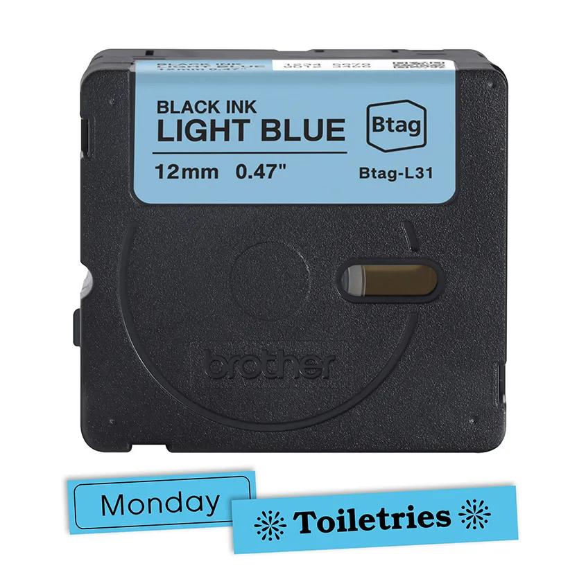 BTAGL31 12MM BLACK ON LIGHT BLUE TAPE