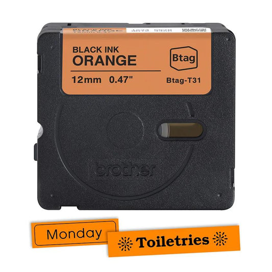 BTAGT31 12MM BLACK ON ORANGE TAPE