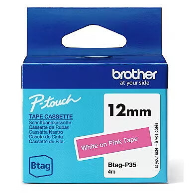 BTAGP35 12MM WHITE ON PINK TAPE