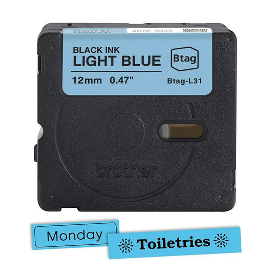 BTAGL31 12MM BLACK ON LIGHT BLUE TAPE