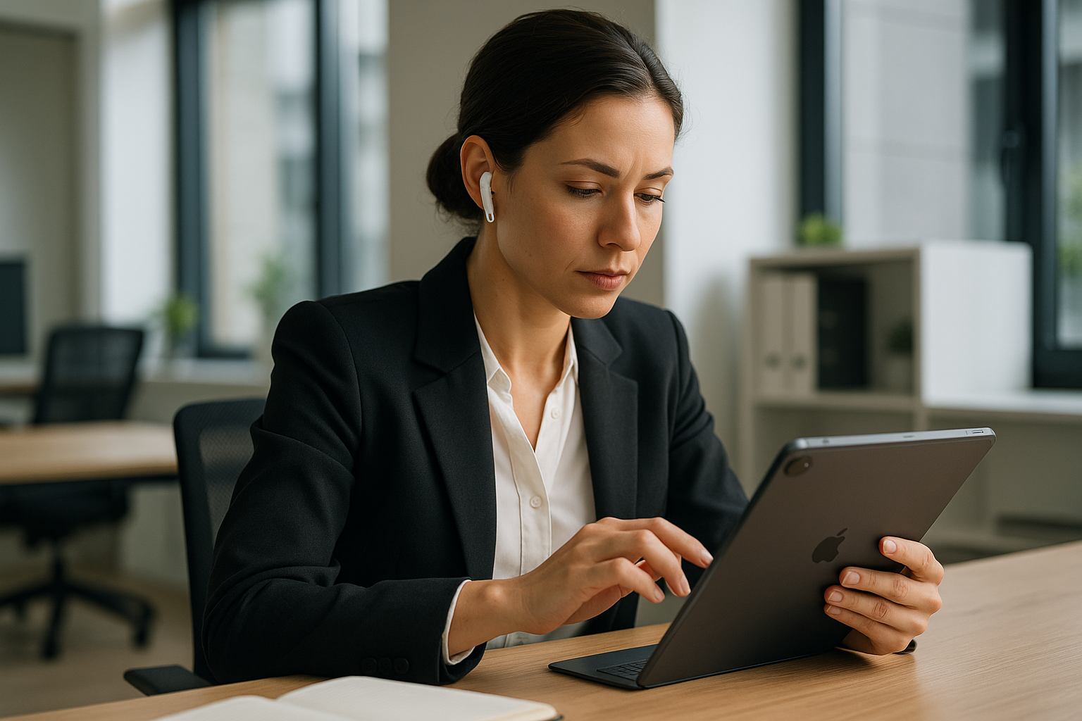 Mujer con audifonos apple está en una oficina trabajando en un ipad. 